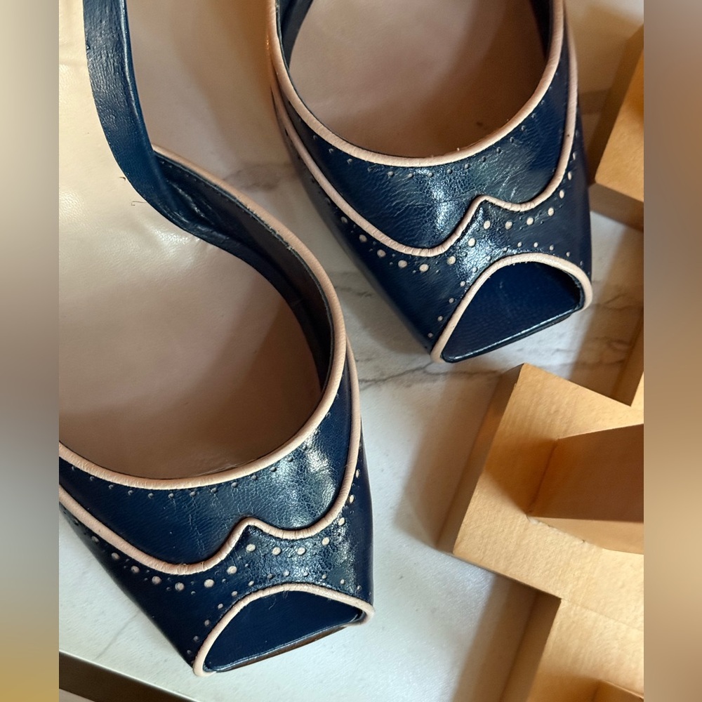 Head Over Heels London - Deep Blue Leather Wing-Tip, Squared Open Toe, D’Orsay - Picture 5 of 15